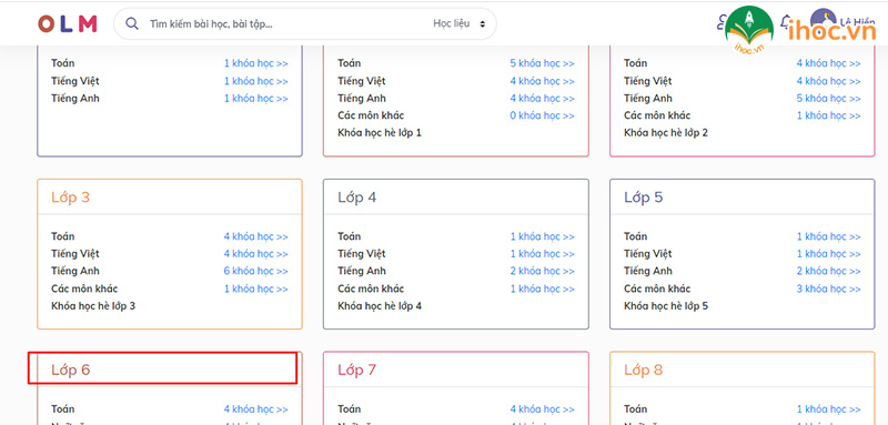 Chọn lớp học trên Olm.vn