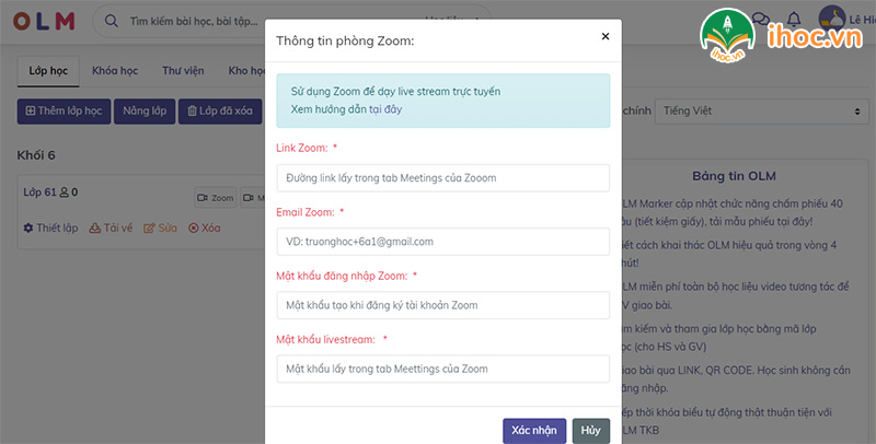 Điền thông tin phòng Zoom trên Olm.vn