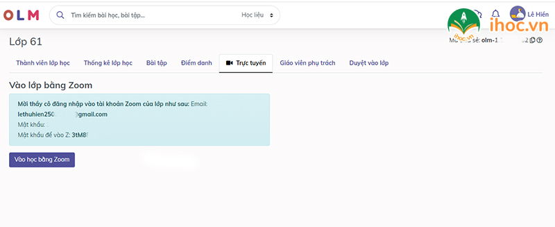Vào học bằng Zoom trên Olm